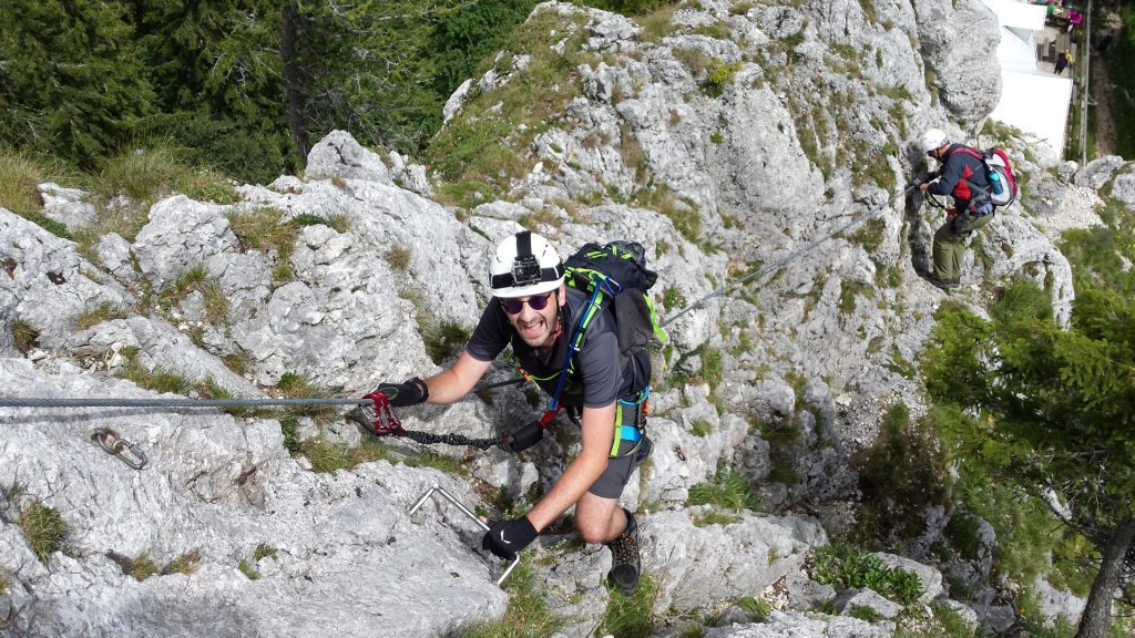 Stefan climbing down on the via ferrata