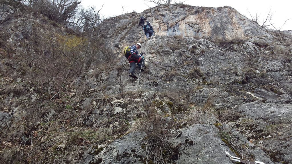 Hannes at the crux, Stefan and Robert are following