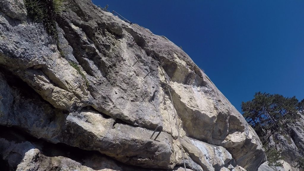 GV-Steig: The second crux (slighly overhanging climb) at the headwall ((14), D)