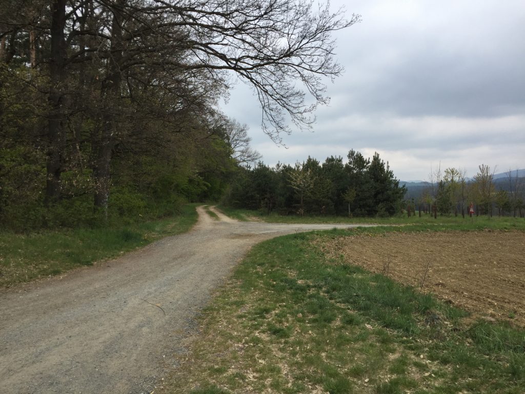 Keep straight and follow the gravel road