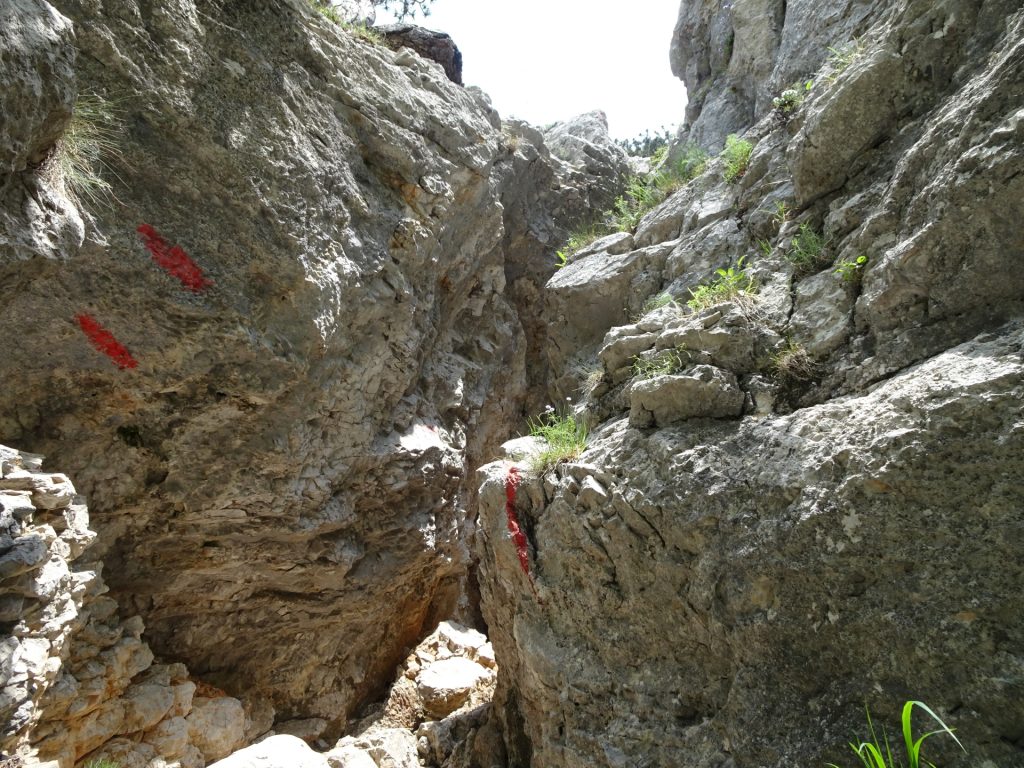 Follow the red markings into the chimney