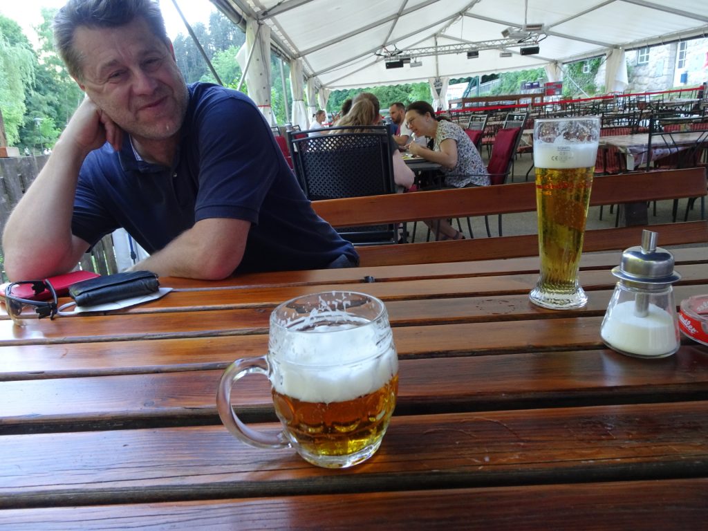 Enjoying a beer at "Myra-Stubn"