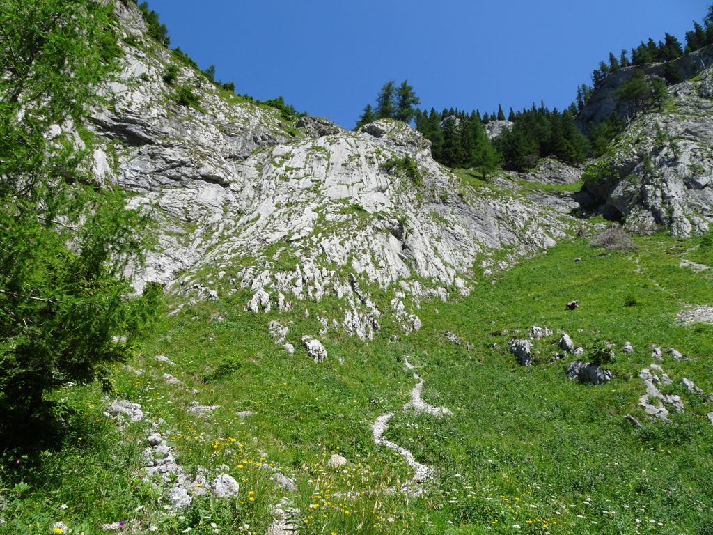 Follow the visible trail towards the climbing route