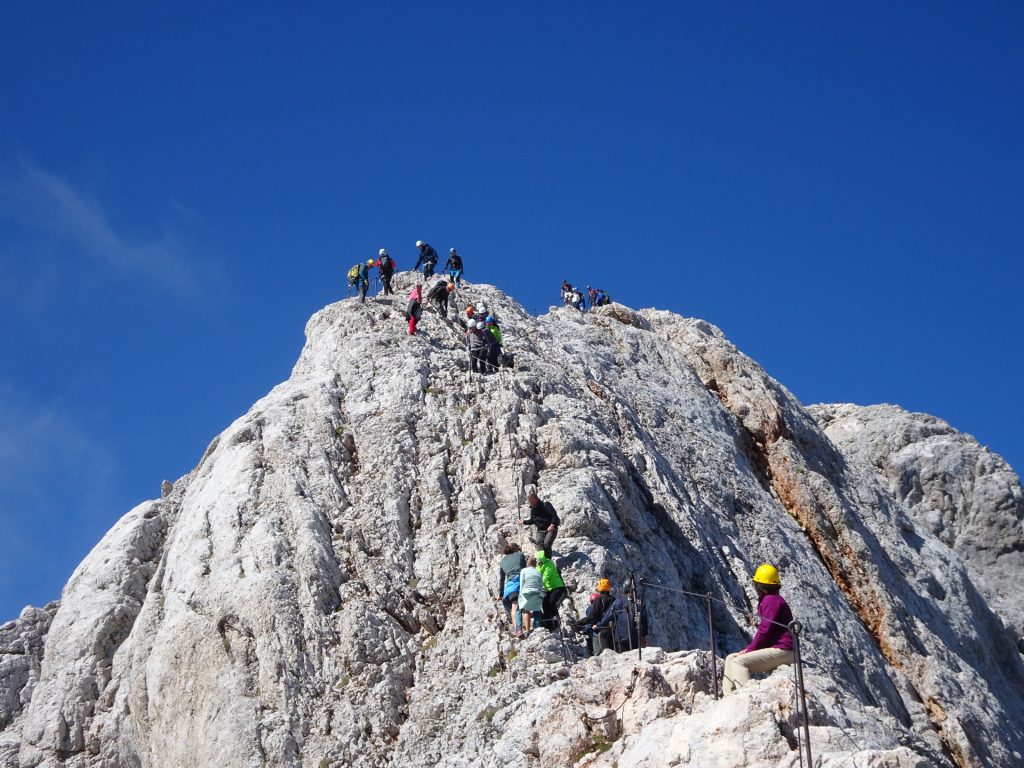 A big queue at the "Zavarovana Plezalna Pot" towards the summit of "Triglav"