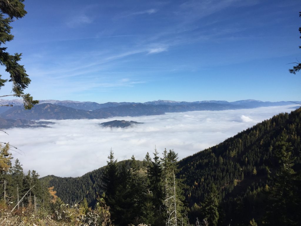 Distance view with "Bruck an der Mur" covered in fog