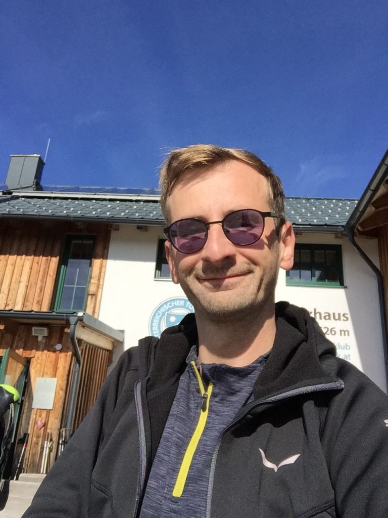 Stefan enjoys the warm sun at "Mugelschutzhaus"