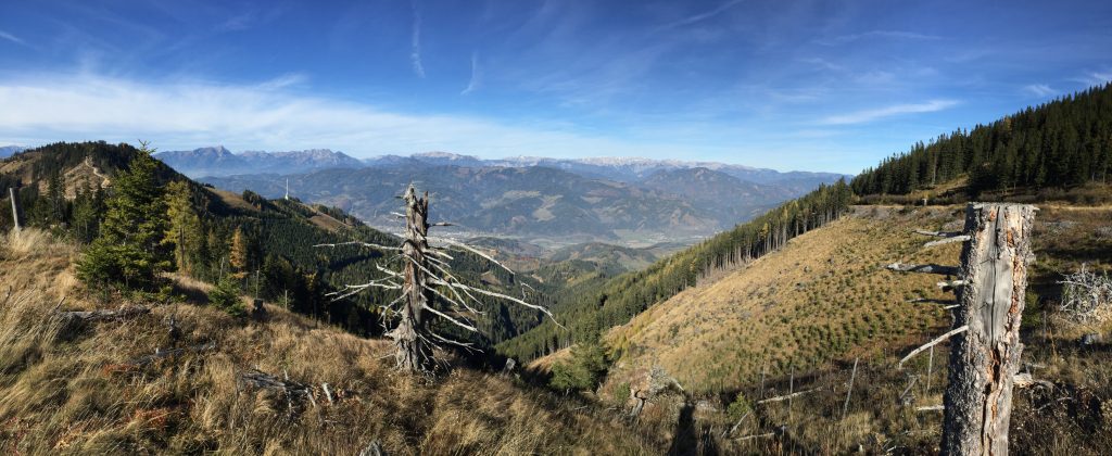 Scenic panorama view towards "Hochschwab" massif from the trail towards "Rosseck"