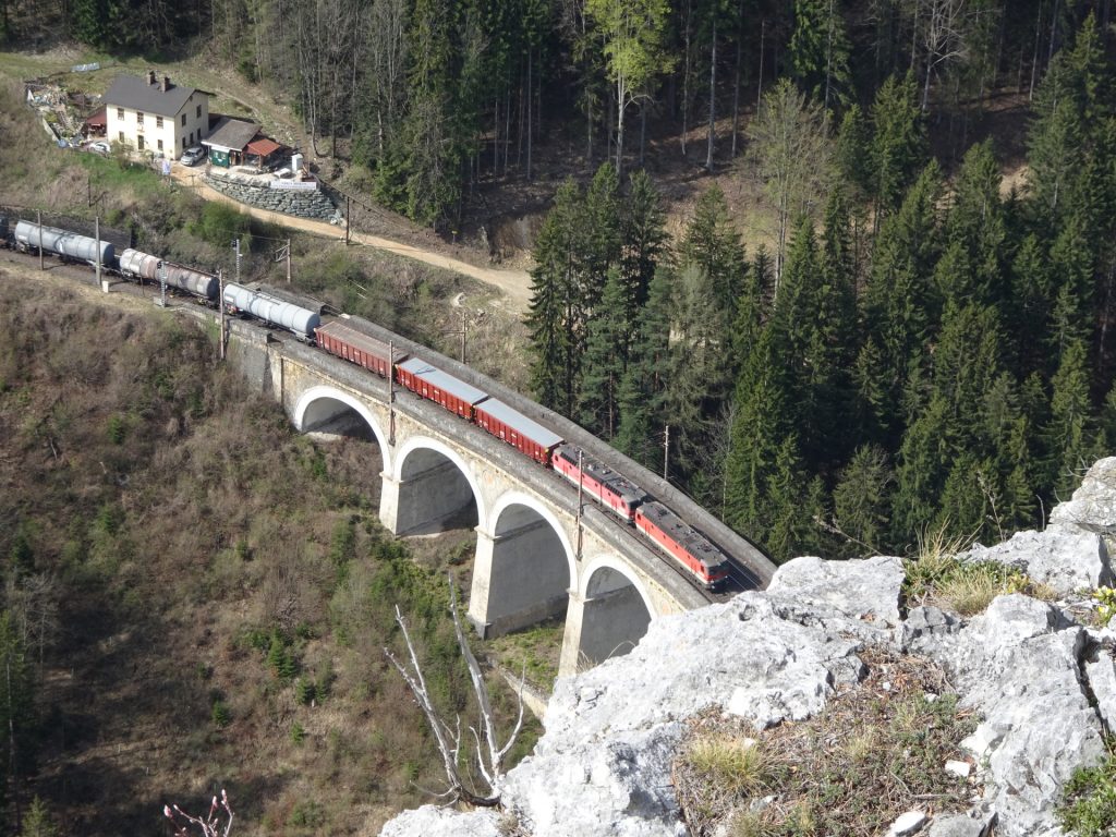 A train crossing the viaduct seen from the <i>Polleroswand</i>