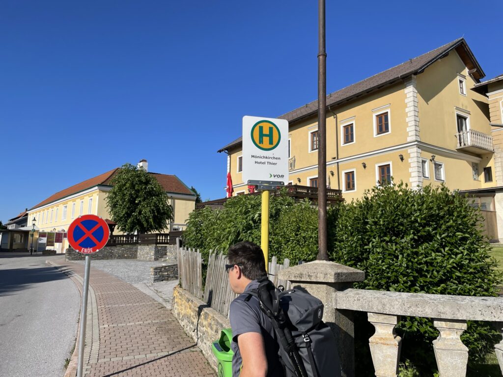 Starting the hike at the bus station <i>Mönichkirchen / Hotel Thier</i>