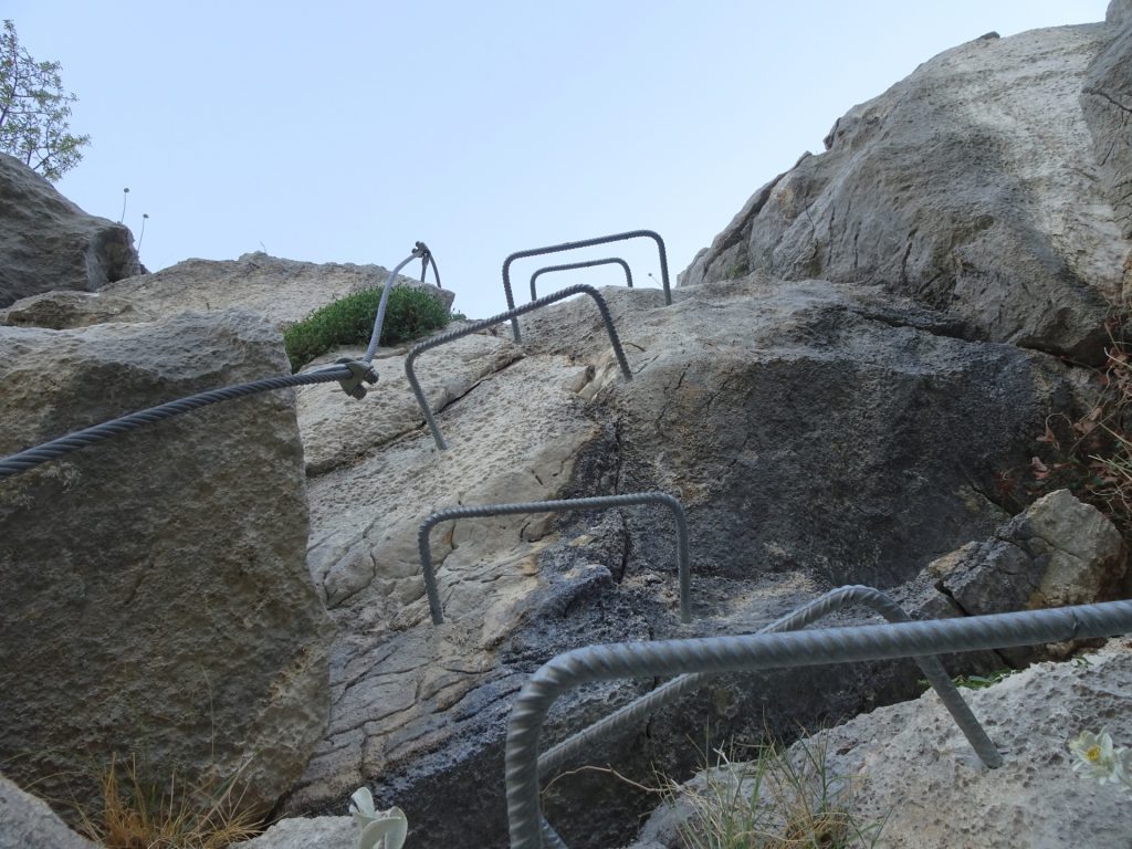 The crux of the <i>Via Ferrata Fortica</i> (short but slightly overhanging)