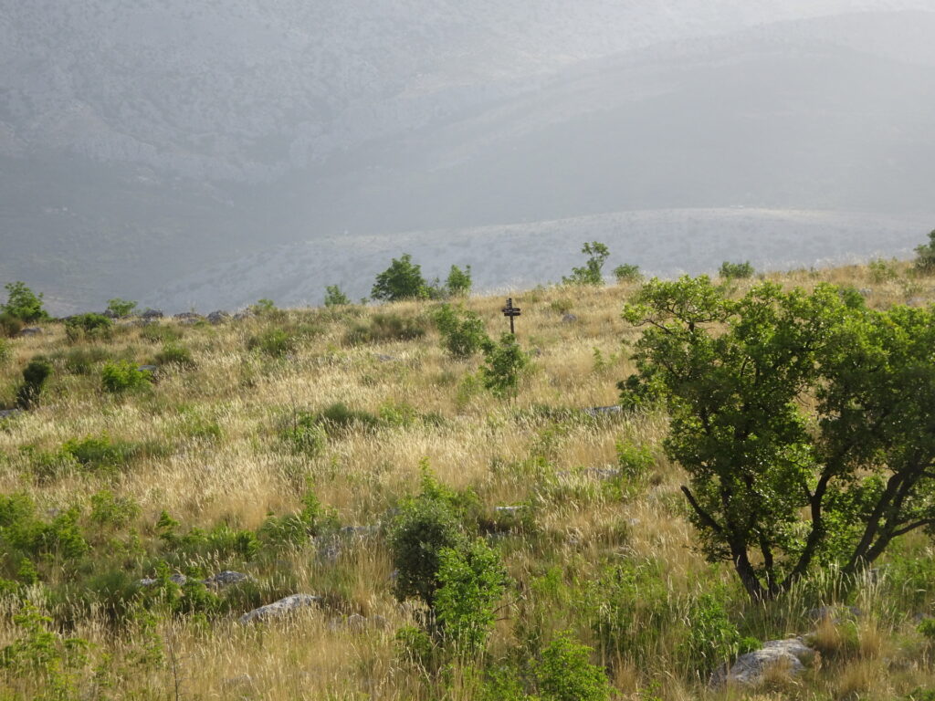 The signpost indicating the crossing of the hiking trail