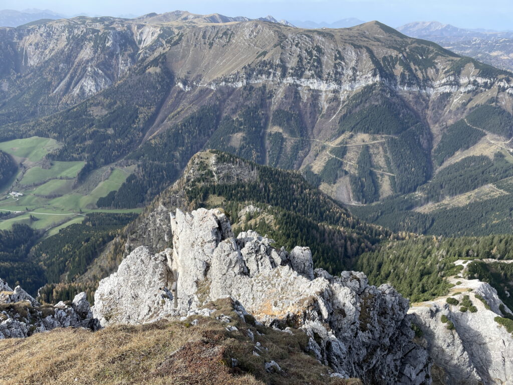 View down to the summit cross and the <i>Wilde Gamseck</i> in front of <i>Schneealpe</i> from the summit