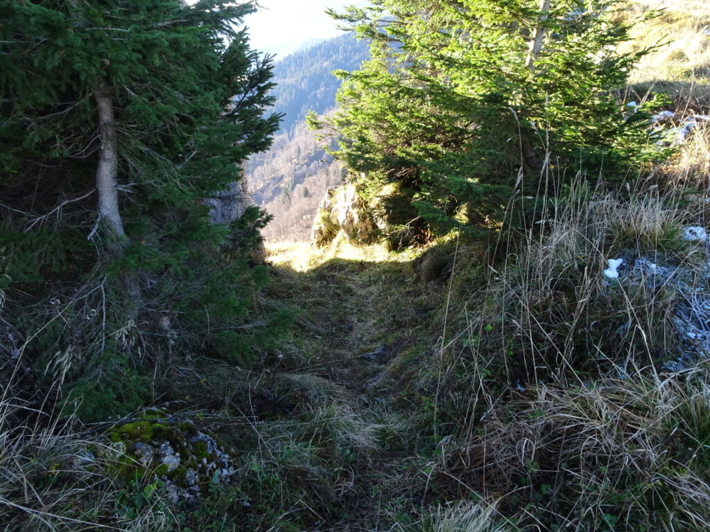 Through the chimney to the traverse below <i>Kleiner Proles</i>