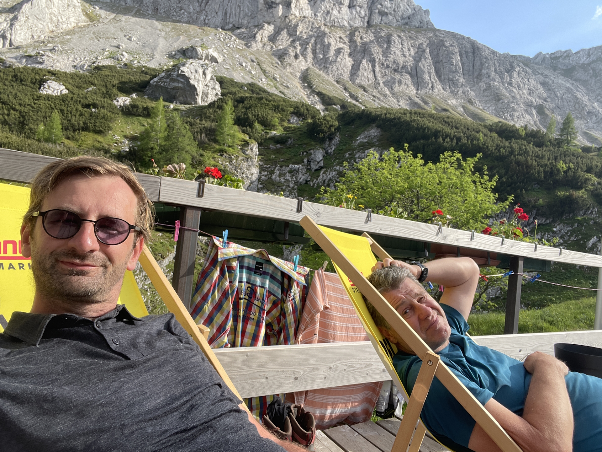 Stefan and Robert enjoying the sun at <i>Voisthalerhütte</i>
