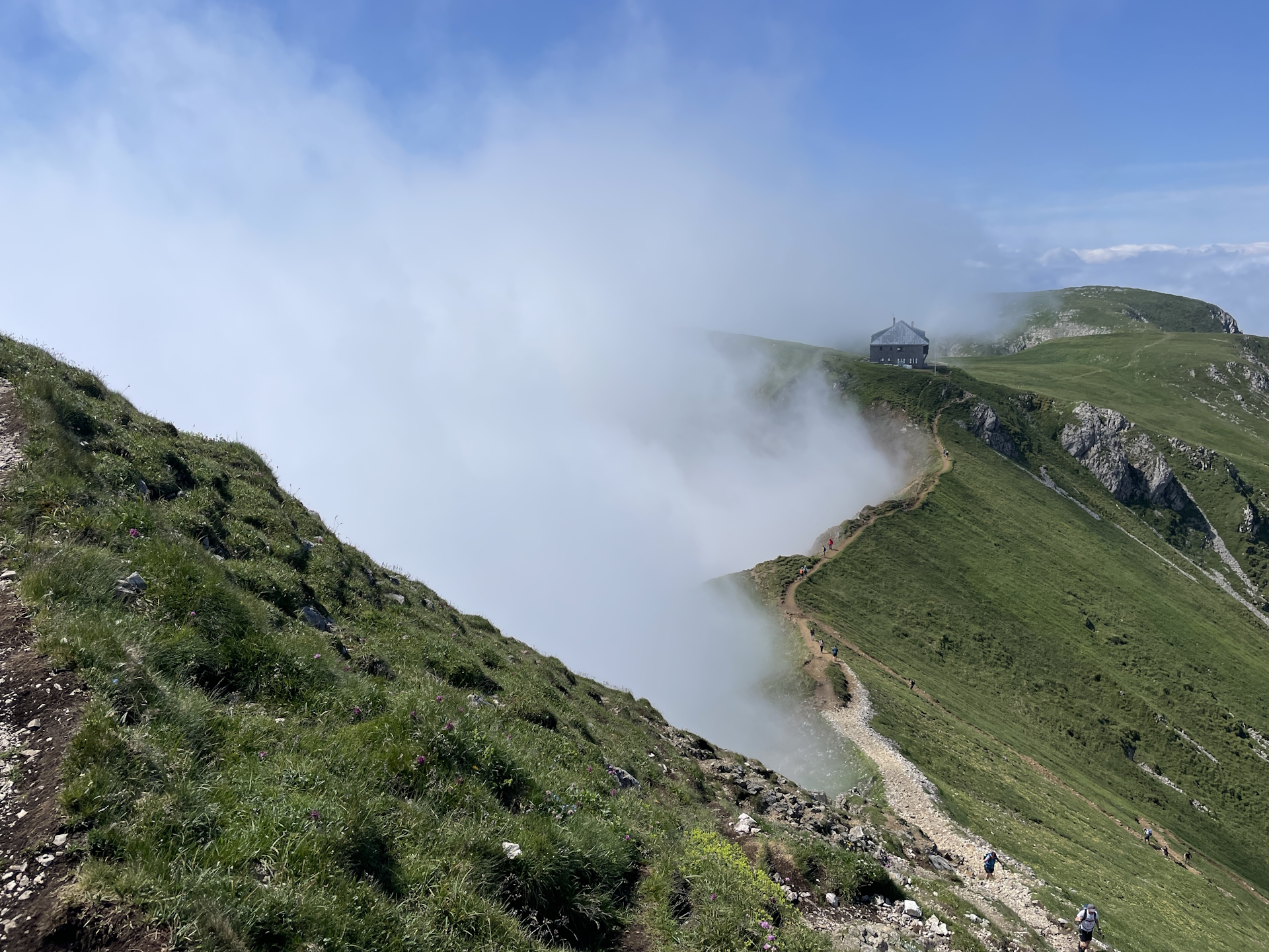 View back to the <i>Reichensteinhütte</i> from the trail up to the summit
