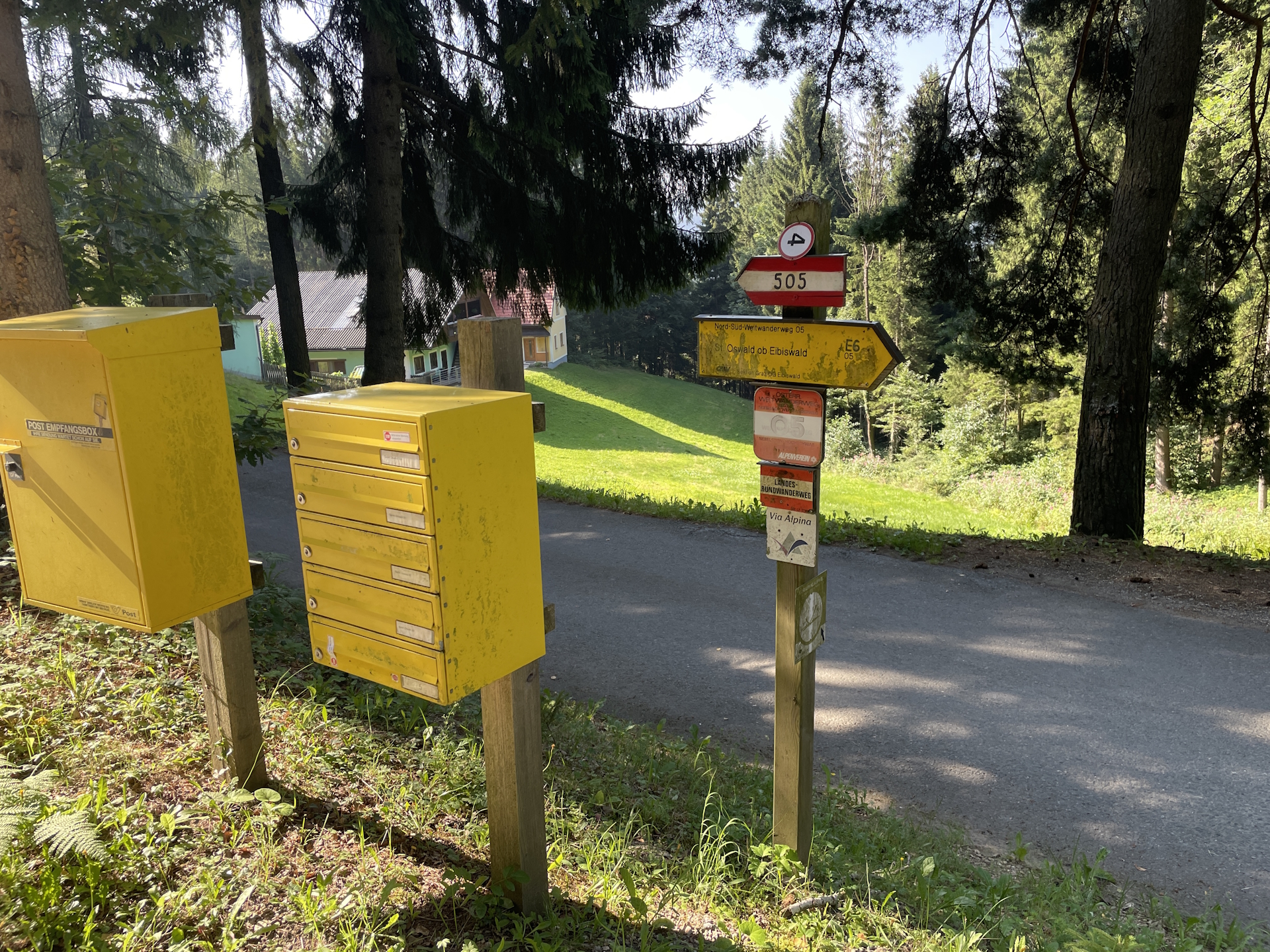 This signpost shows that the trail is now on the street!